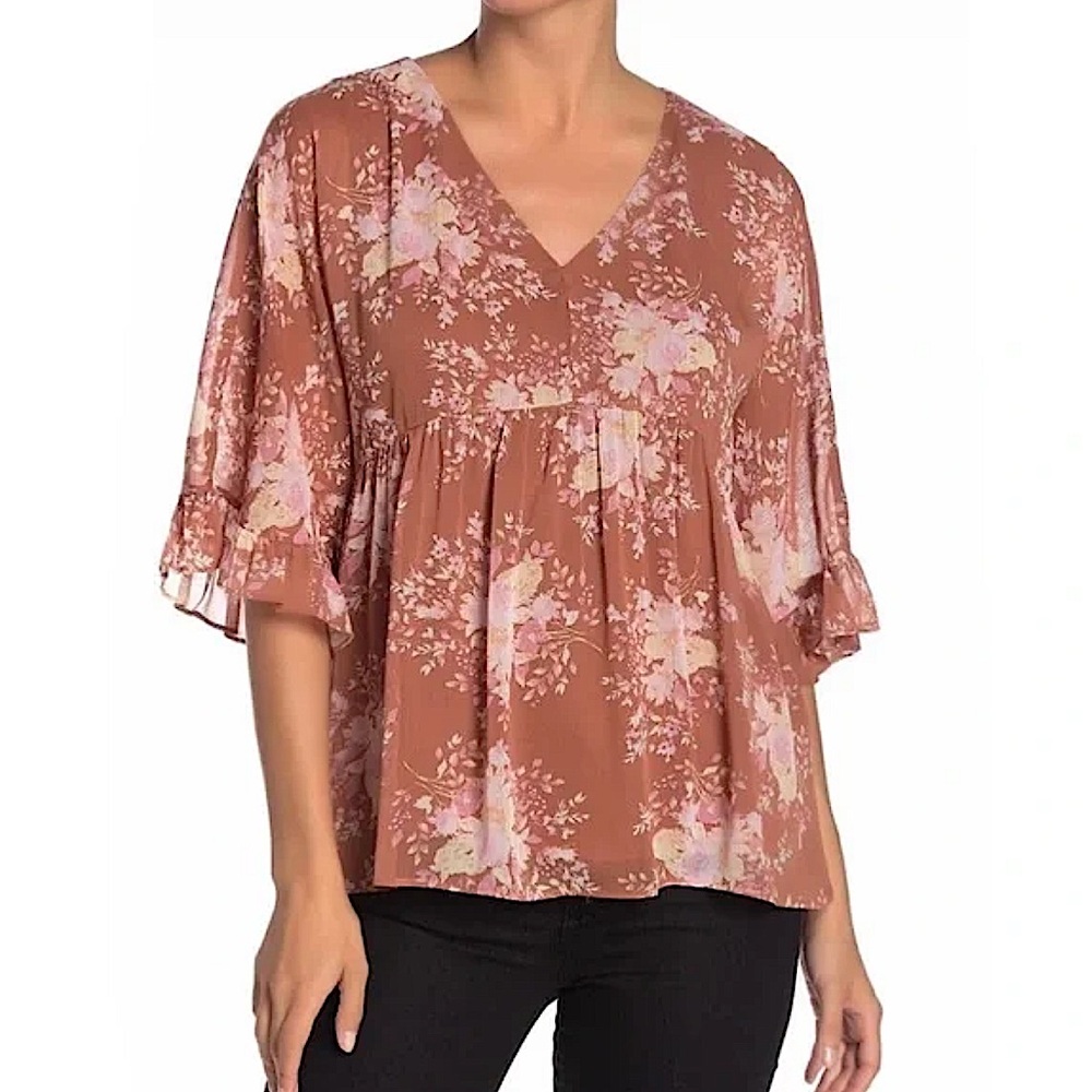 DR2 Daniel Rainn Brown Chiffon Floral Babydoll Blouse